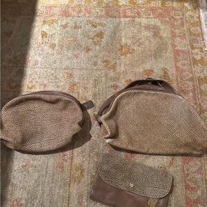 Borbonese Pouch Set Flying Pattern Beige Suede x Leather Authentic FREE SHIP